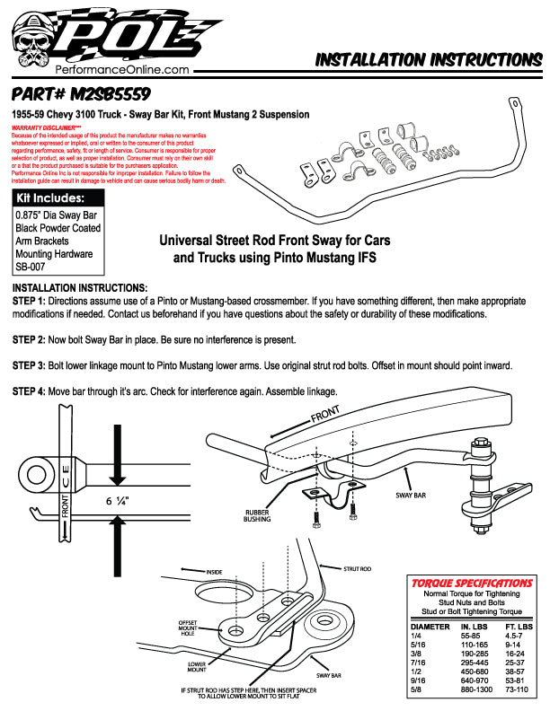 Front Mustang 2 Sway bar kit mounting instructions, 55-59 Chevy truck