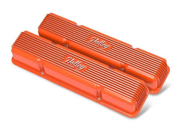 Holley Vintage Finned Aluminum Valve Covers - SBC No Emissions - Orange