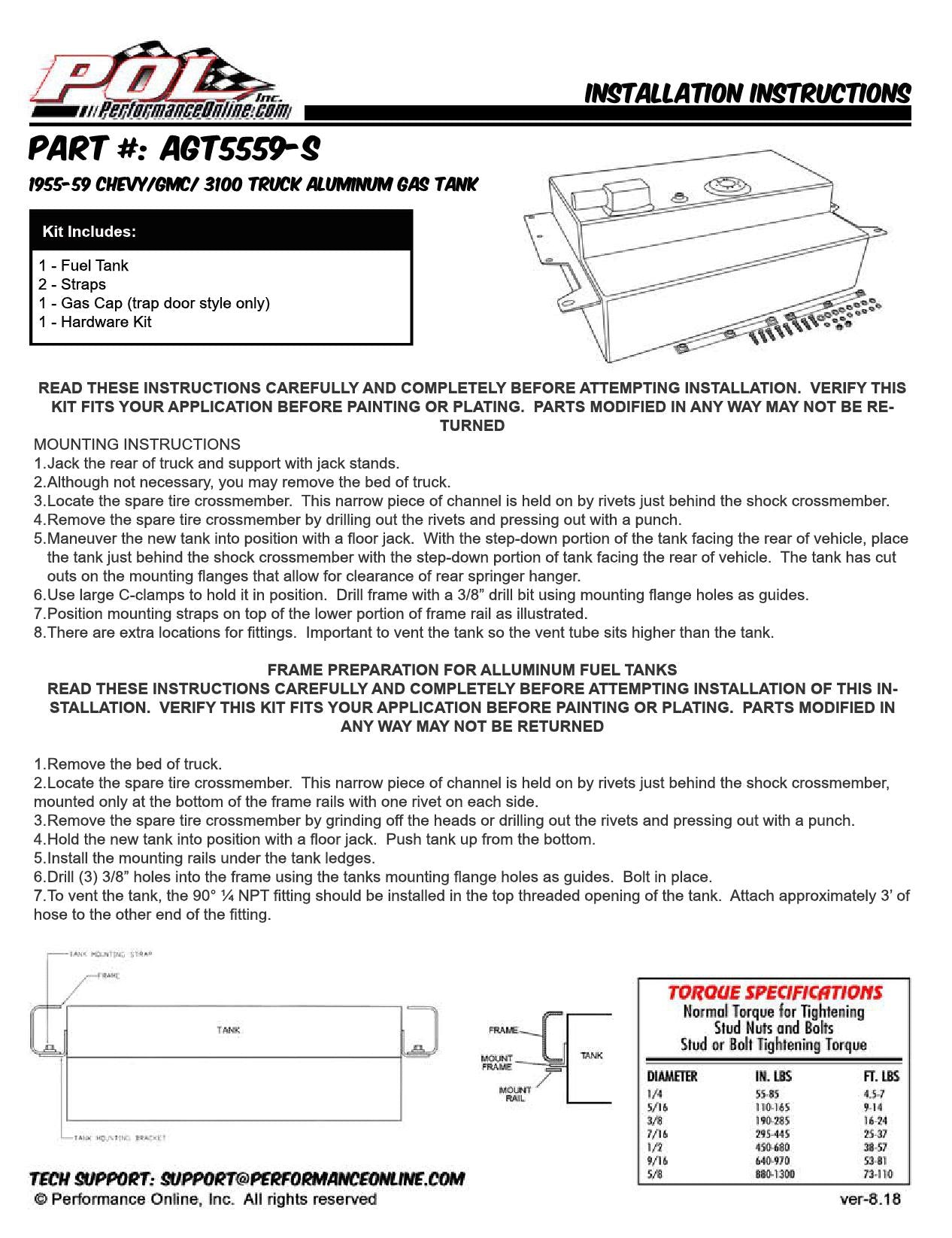 1955-59 Chevy, GMC Truck Gas Tank Combo Kit, Bed Fill, Aluminum, 19 Gallon with Chrome Gas Cap