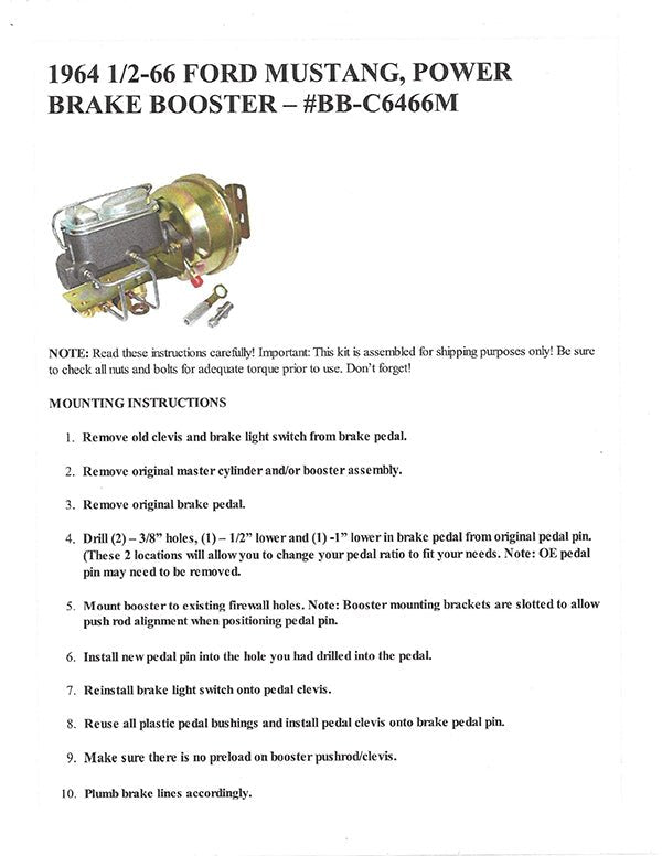 1964-66 Ford Mustang Power Brake Booster Kit, Chrome