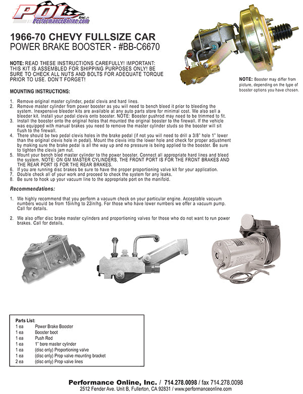 1966-70 Chevy Impala Caprice Biscayne Fullsize Car Power Brake Booster Kit