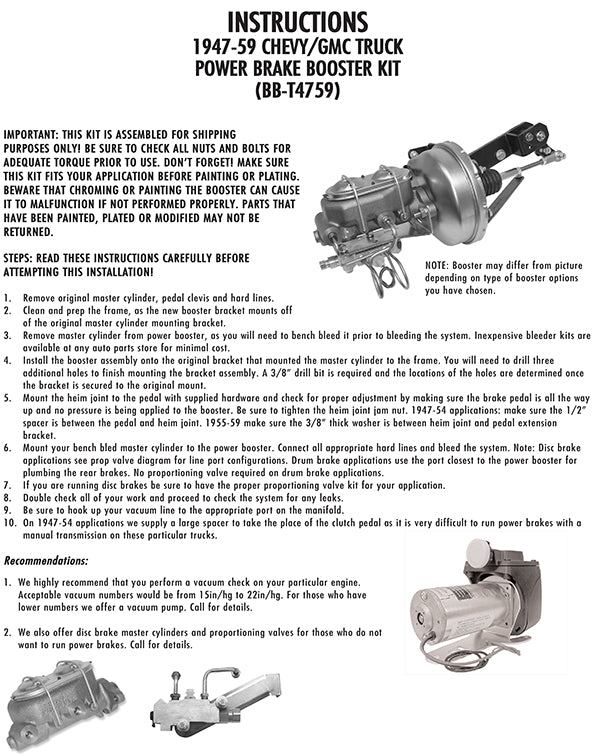 1947-55 Chevy, GMC Truck Power Brake Booster Kit