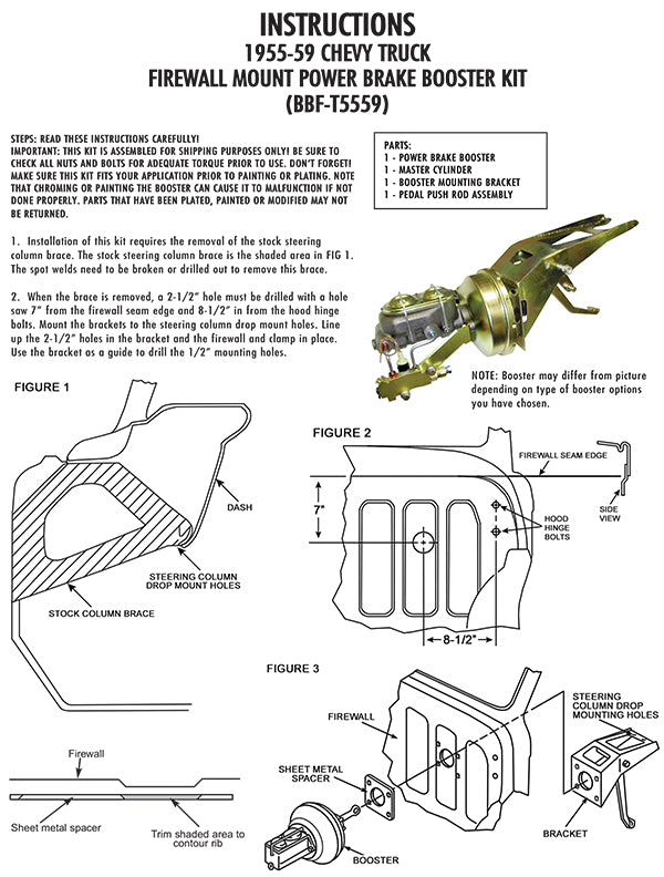 1955-59 Chevy, GMC Truck Firewall Mount Power Brake Booster Kit, Chrome