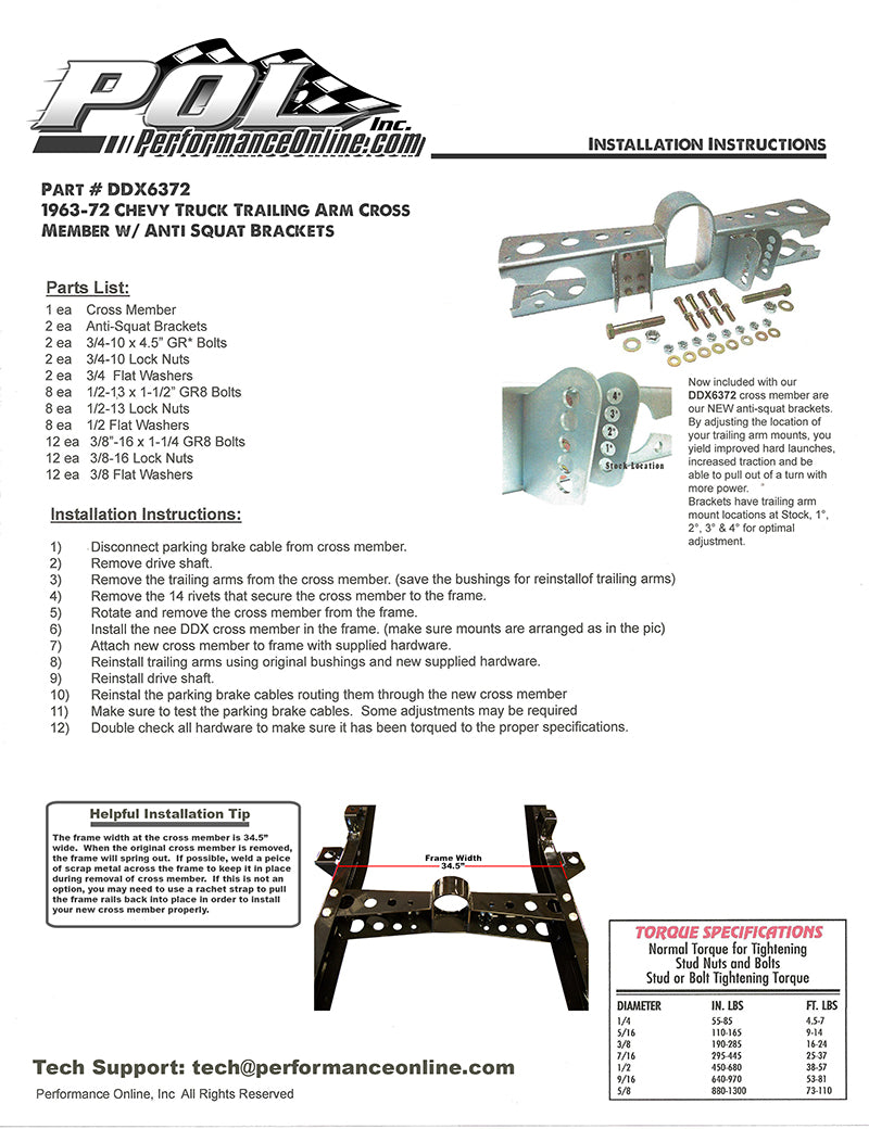 1963-72 Chevy Truck Trailing Arm Crossmember with Anti Squat Brackets, Coil Spring Suspension