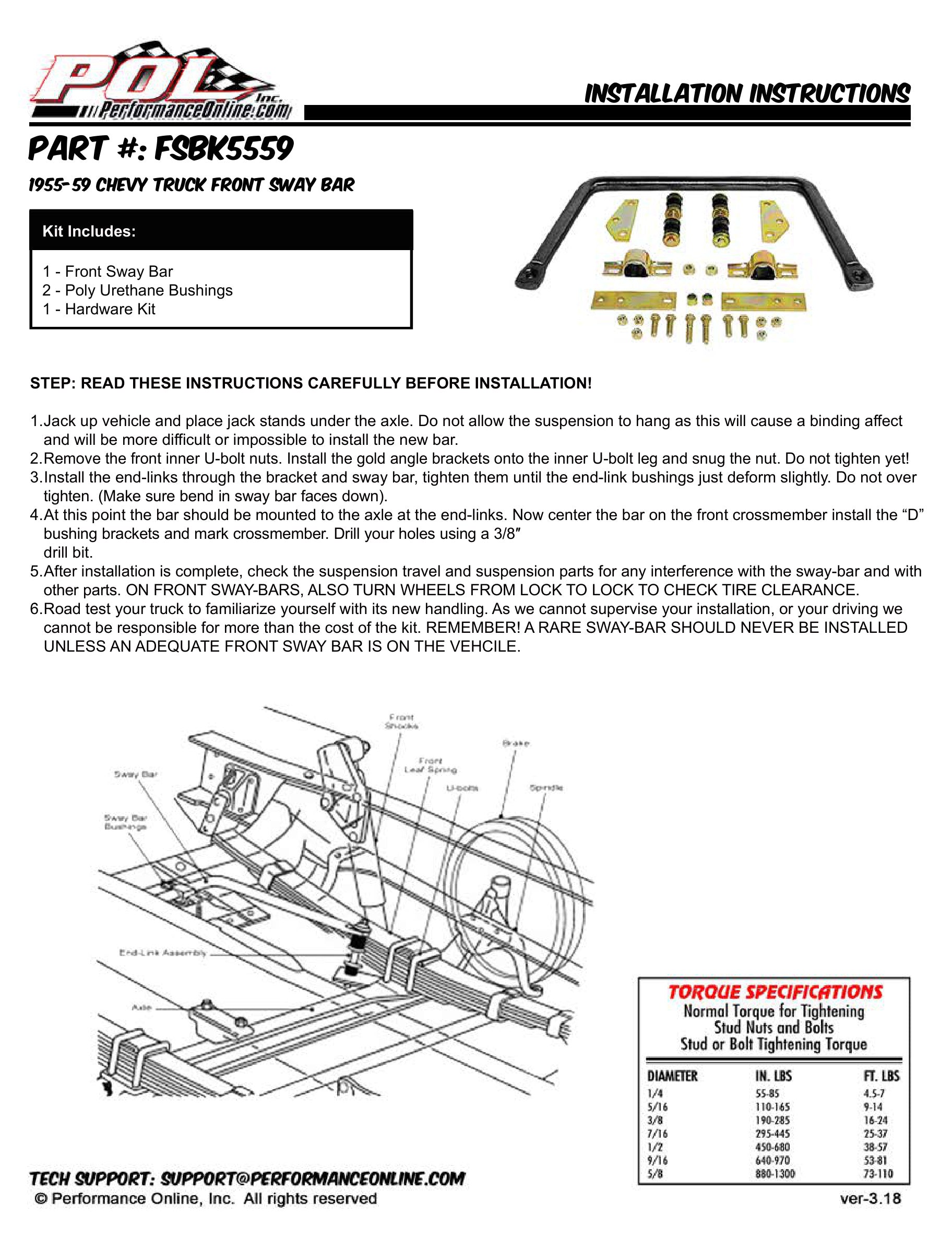 1955-59 Chevy, GMC Truck Sway Bar Kit, High Performance, Front