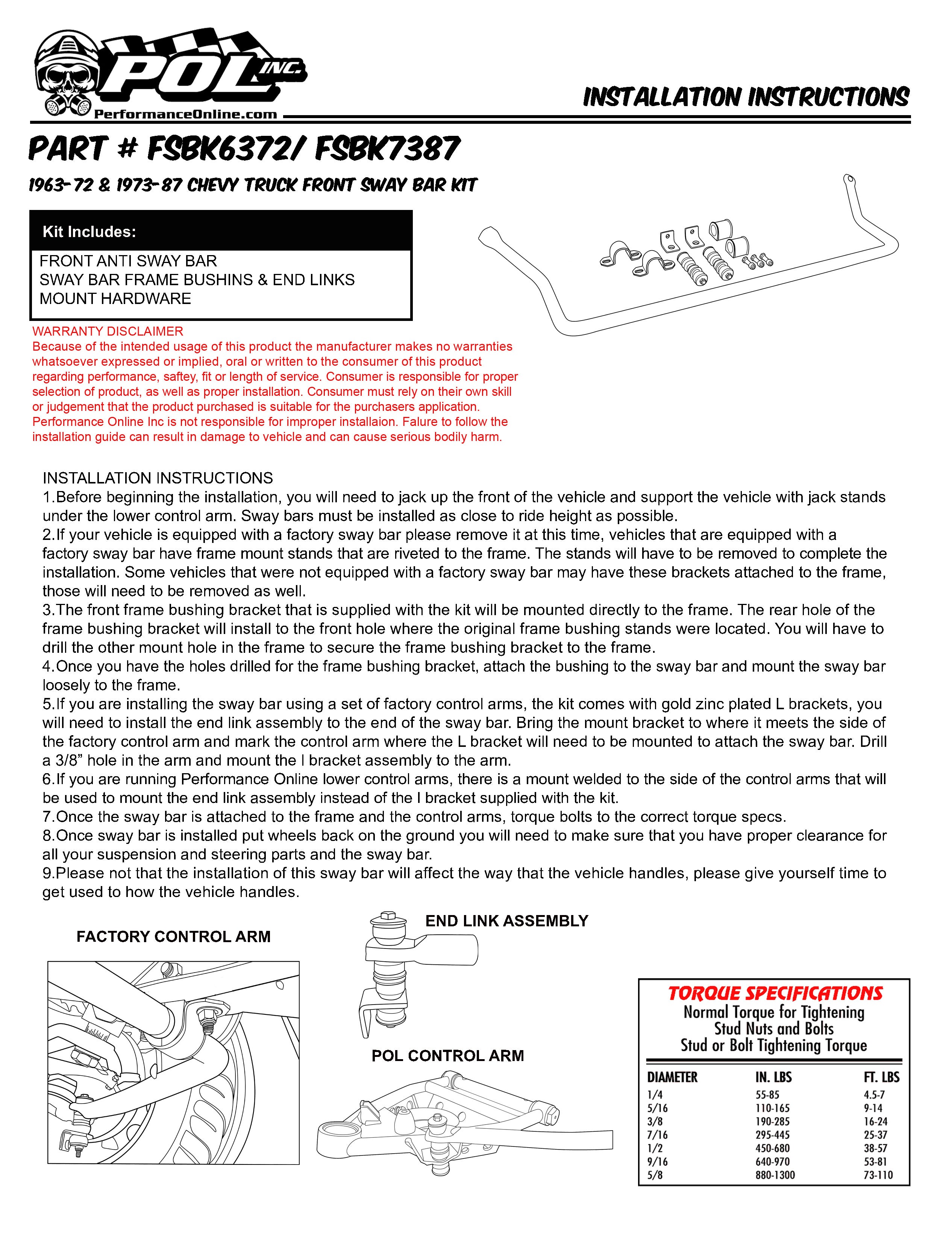 1963-72 Chevy, GMC Truck Sway Bar Kit, High Performance, Front