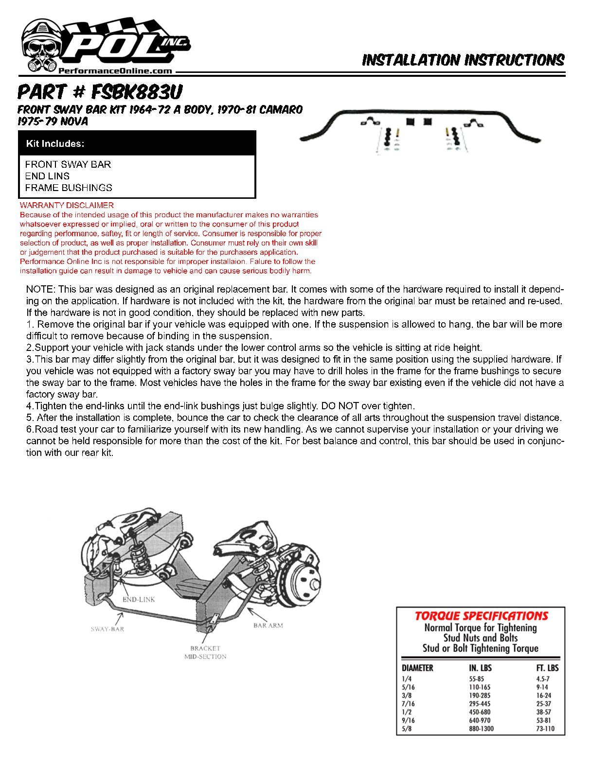 1964-72 Chevy Chevelle Performance Sway Bar Kit, FRONT