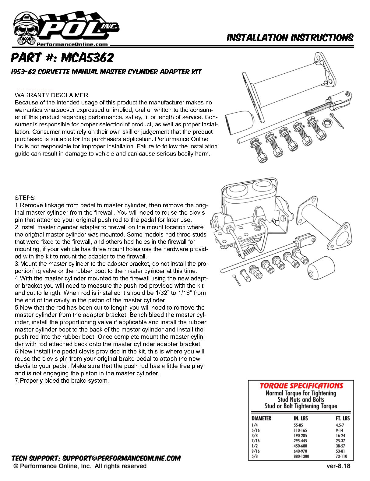 1953-62 Chevy Corvette Master Cylinder Adapter Kit