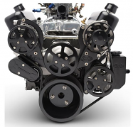 6 Rib Serpentine Pulley Kit w/ Billet PS Reservoir, Matte Black Finish Chevy Small Block