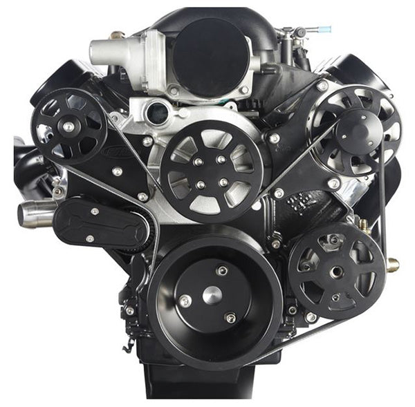 6 Rib Serpentine Pulley Kit w/ Remote PS Reservoir, Matte Black, No A/C