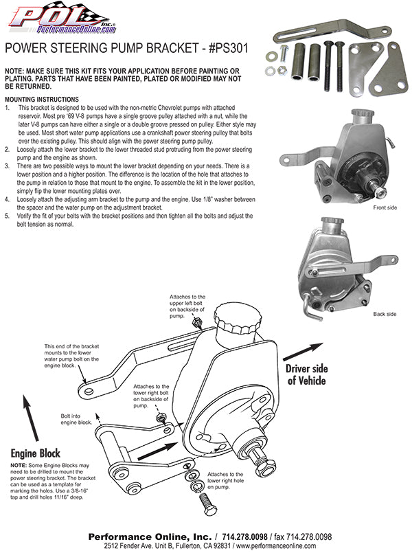 Power Steering Pump Bracket Kit, Small Block Chevy Engine