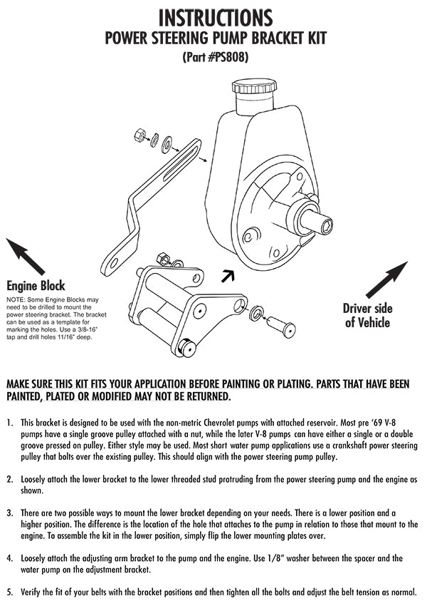 Power Steering Pump Bracket Kit, Big Block Chevy Engine, Chrome