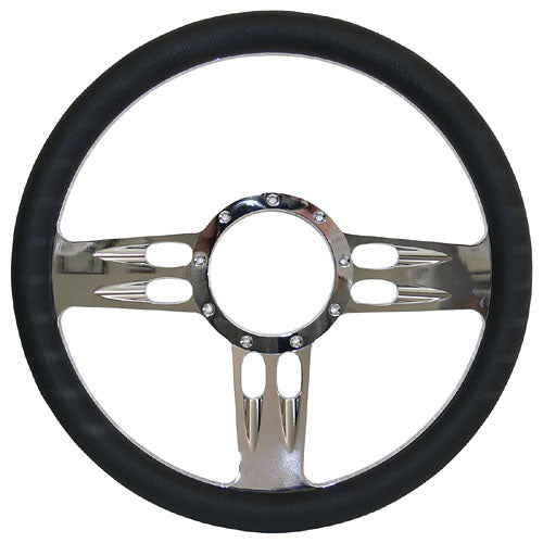 Billet Steering Wheel, Chromed 14" T-Bar Style with Simulated Black Leather Grip
