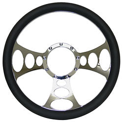 Billet Steering Wheel, Chromed 14" Web Style with Simulated Black Leather Grip