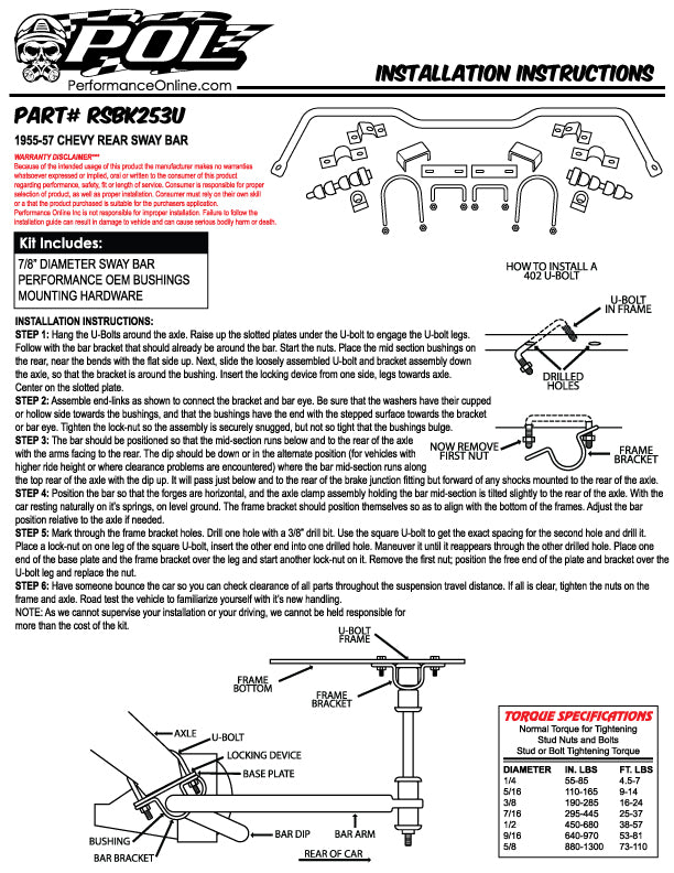 1955-57 Chevy Belair Rear Sway Bar Kit
