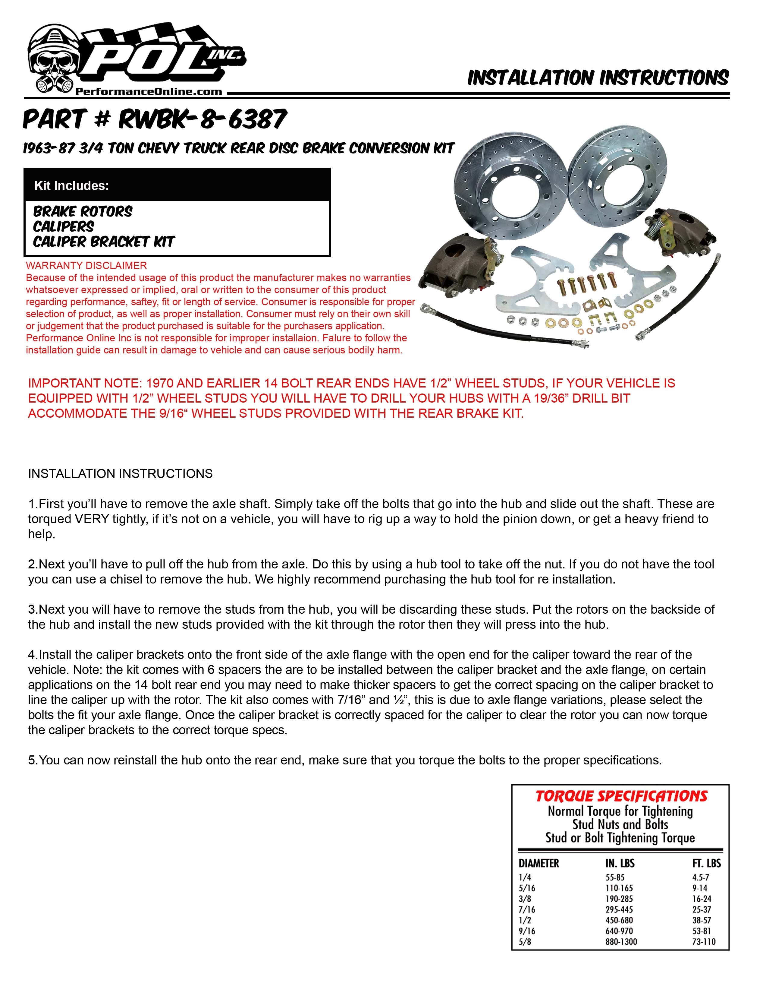 POL 1963-87 Chevy C20 Disc Brake Conversion Kit, Rear 8-lug