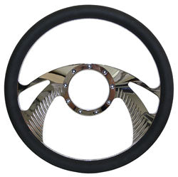 Billet Steering Wheel, Chromed 14" Wing Style with Simulated Black Leather Grip