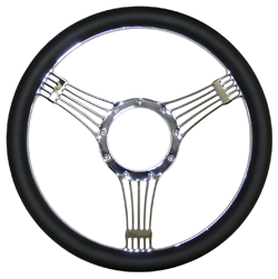 Billet Steering Wheel, Chromed 14" Banjo Style with Simulated Black Leather Grip