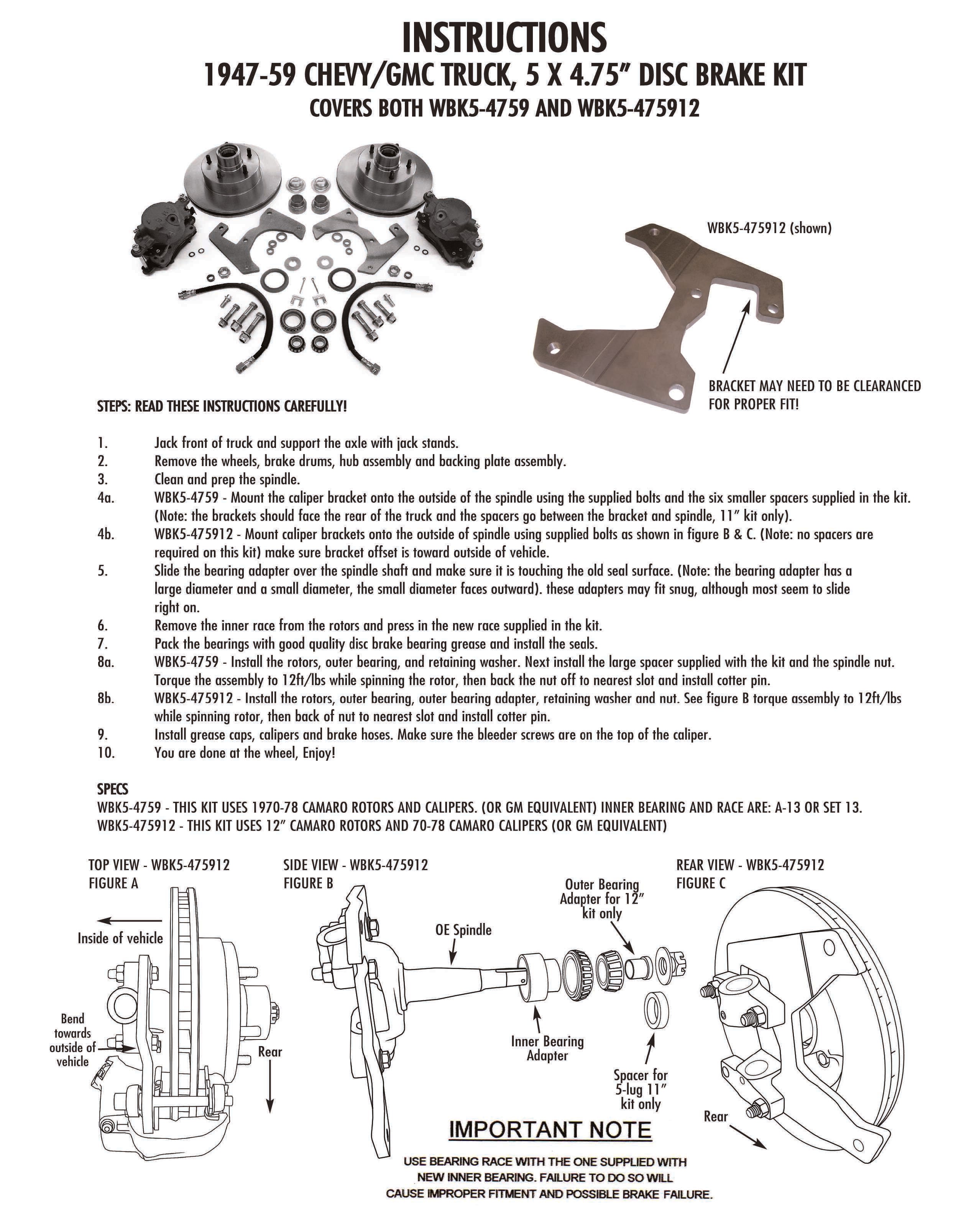 1947-59 Chevy, GMC 3100, 1/2 ton Truck Disc Brake Conversion Kit, 5-Lug