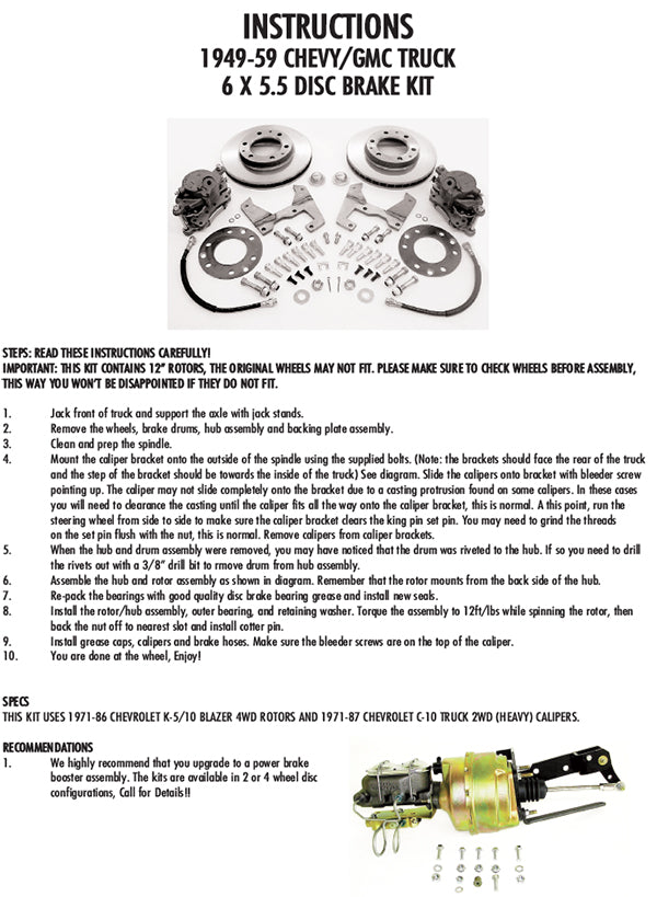 Disc Brake Conversion Kit, Front 6-Lug, 1947-59 Chevy, GMC 3100 Truck