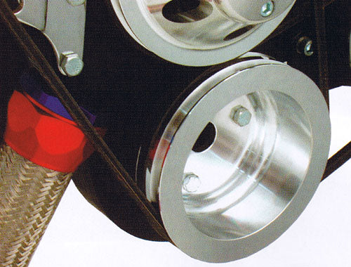 SMALL BLOCK CHEVY LWP CRANKSHAFT PULLEY, BLACK POWDER COATED ALUMINUM 2 GROVE