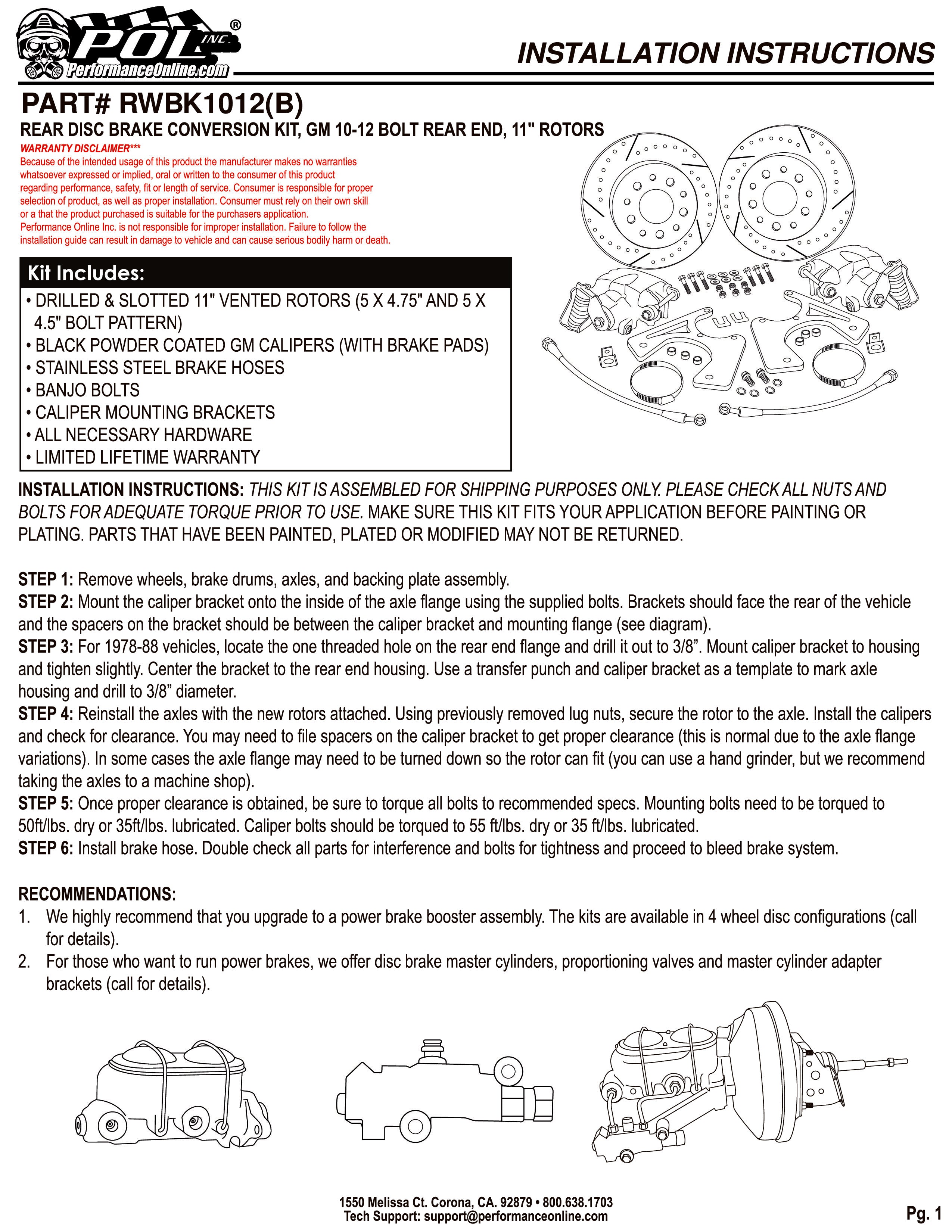 Disc Brake Conversion Kit, GM 10-12 Bolt Rearend, 11" Rotors