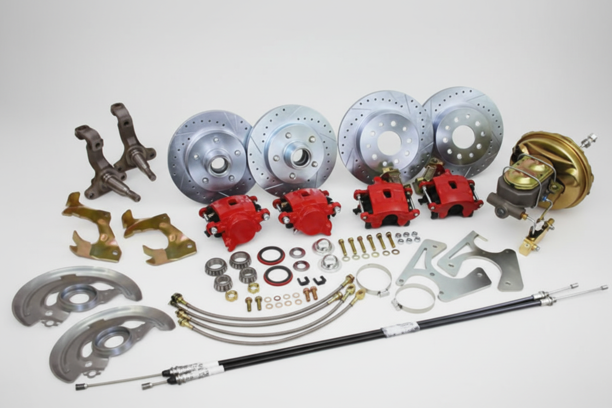 Collection of POL brake kits for classic cars and trucks. including rotors, calipers, power booster and hardware on a white background.