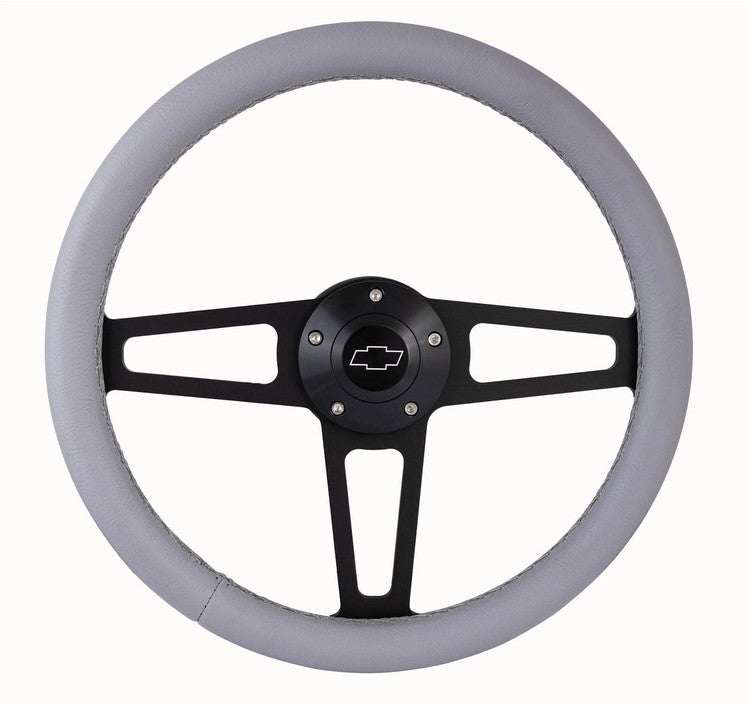 Billet T Series Gray Wrapped Black Spoke Steering Wheel with Chevy Logo & Install Kit (5196)