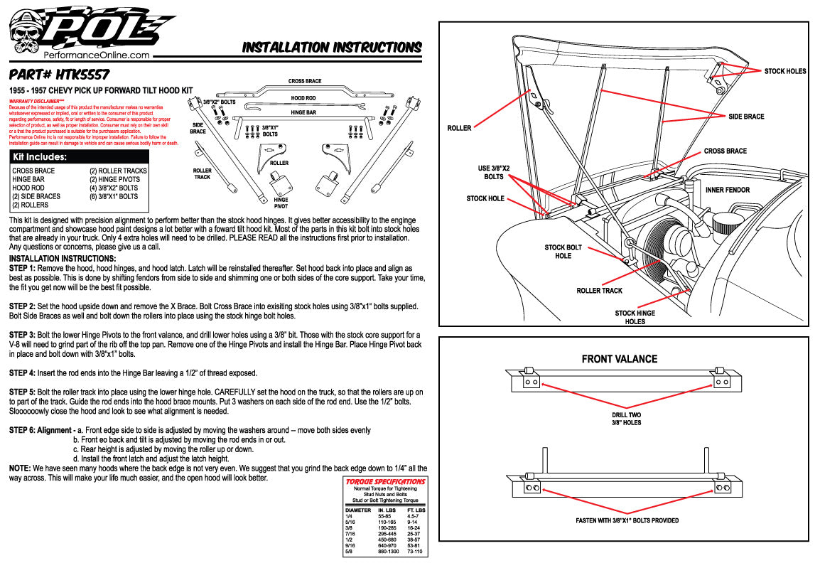 Reverse Hood Tilt Kit instructions for 55-59 Chevy Truck