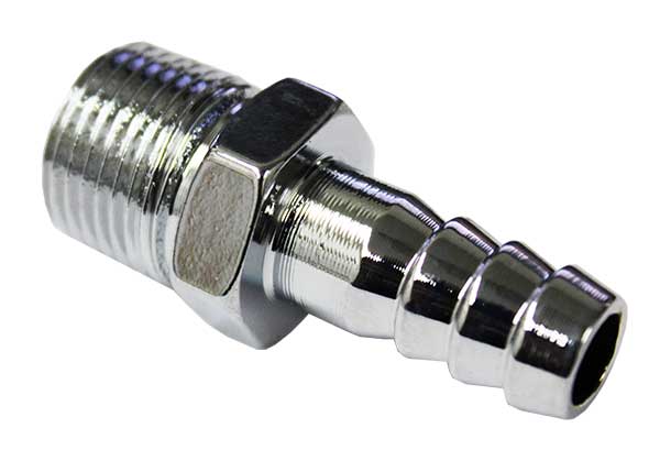 Fuel Tank Hose Fitting, Straight 180 Degree, 3/8", Chrome