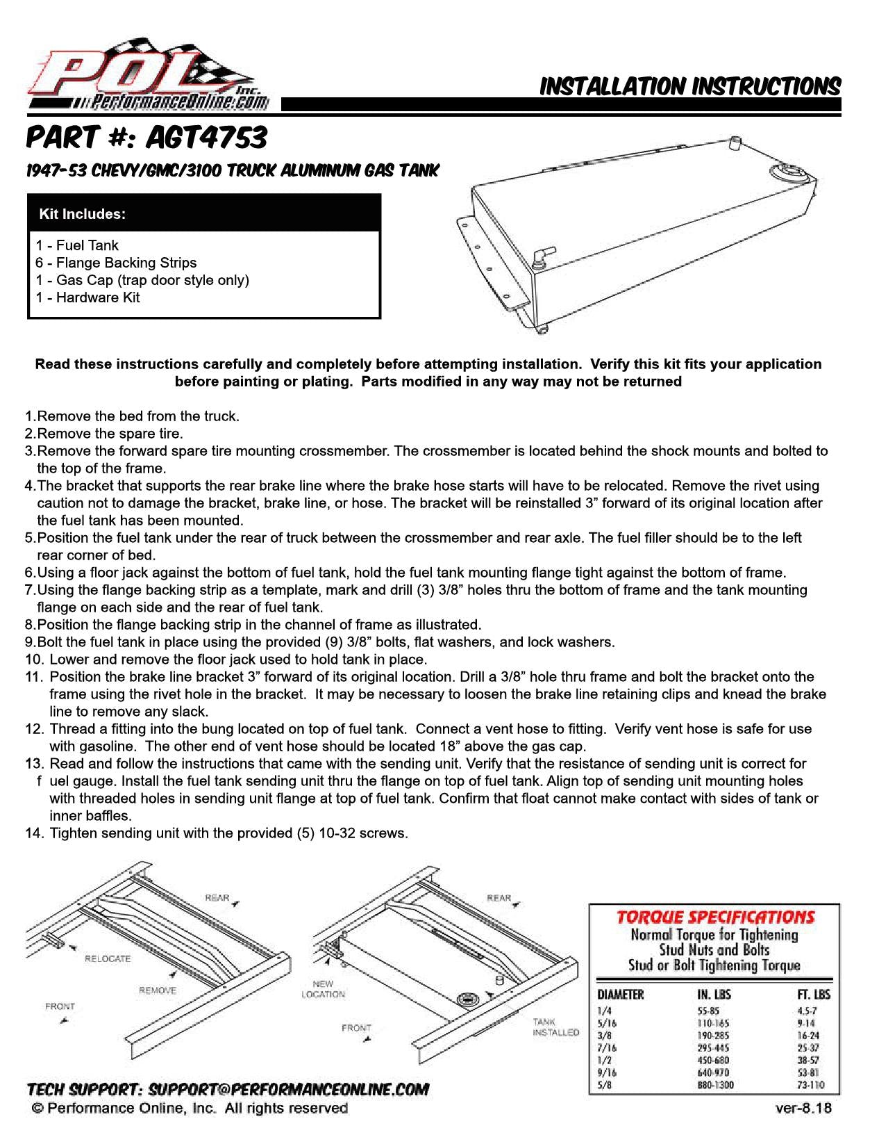 1947-53 Chevy, GMC Truck Aluminum Fuel Gas Tank Combo Kit, 19 Gallon with Chrome Cap