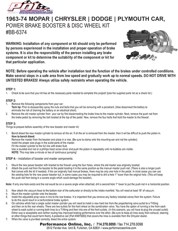 1962-74 Mopar, Dodge, Chrysler, Plymouth Car Power Brake Booster Kit