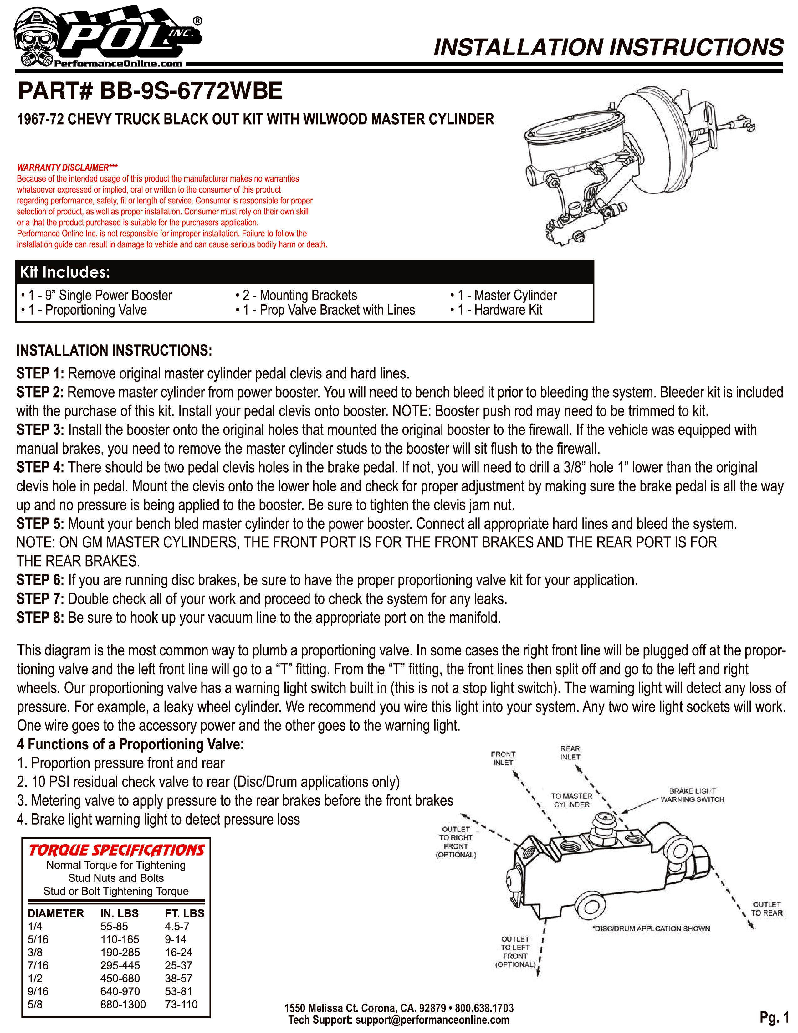 1967-72 Chevy, GMC Truck Black Out Power Brake Booster Kit, POL or Wilwood Master Cylinder
