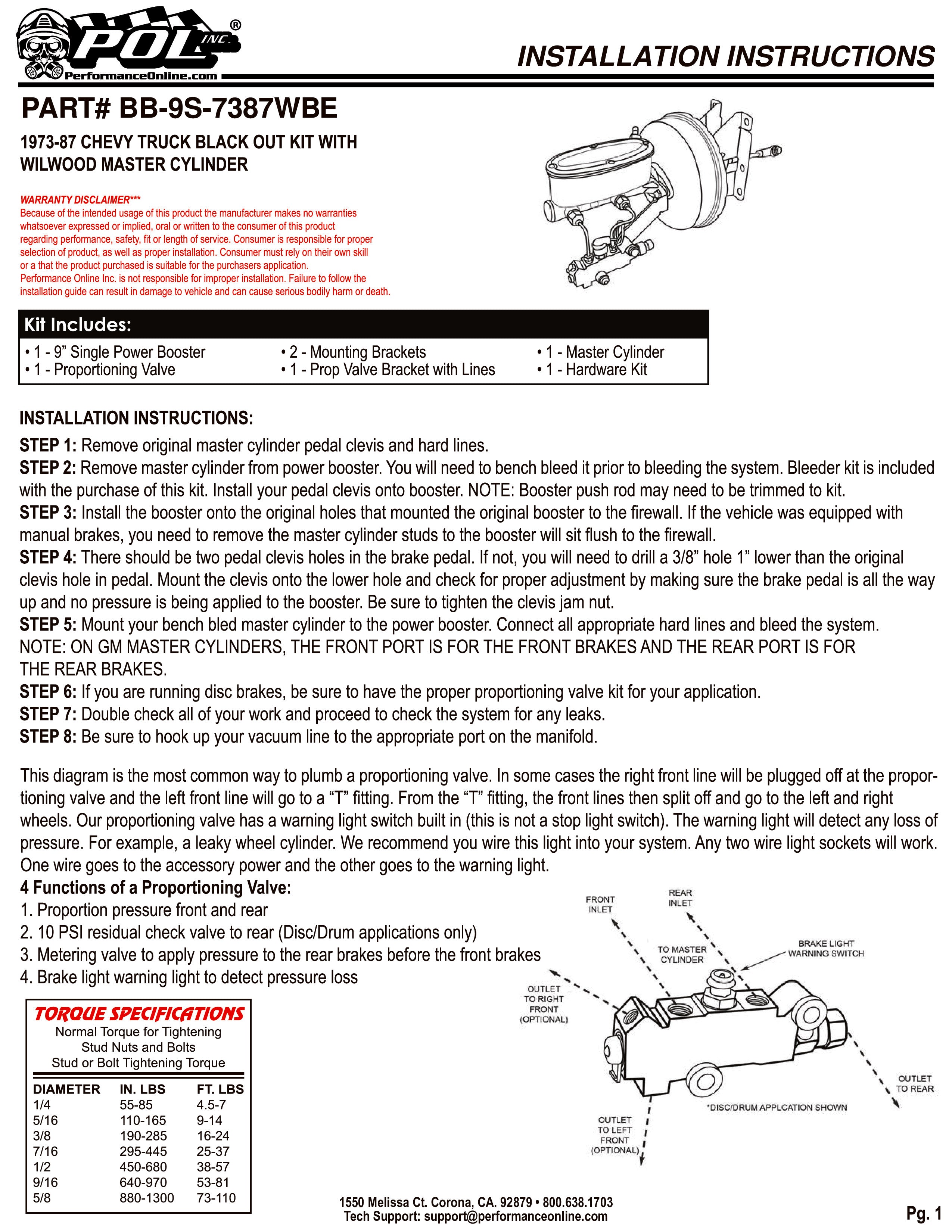 1973-87 Chevy C10 Truck Black Out Series Power Brake Booster with POL or Wilwood Master Cylinder