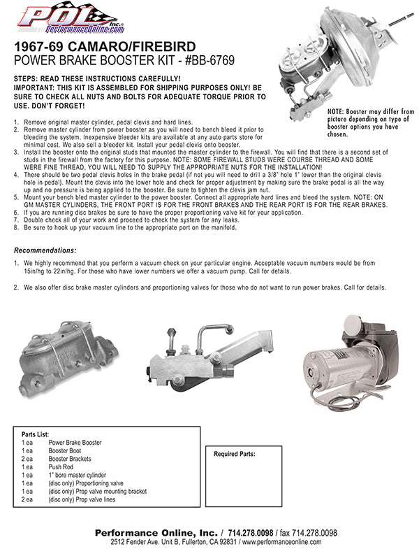 1967-69 Chevy Camaro Power Brake Booster Kit