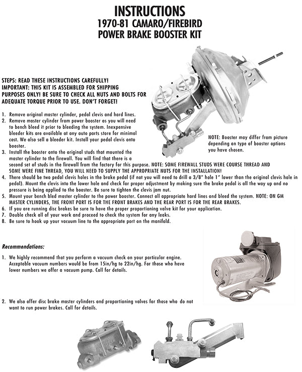 1970-81 Chevy Camaro, Pontiac Firebird Power Brake Booster Kit, Chrome