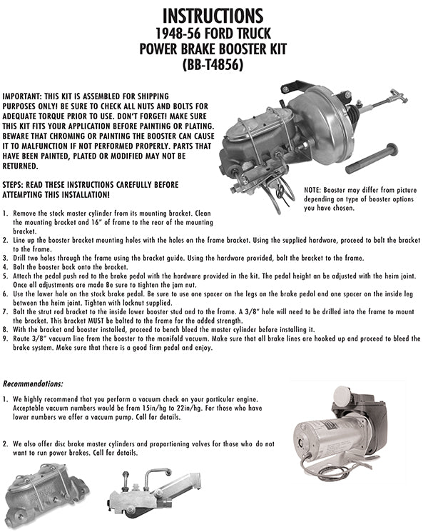 1953-56 Ford F100 Truck Power Brake Booster Kit- Underfloor Mount