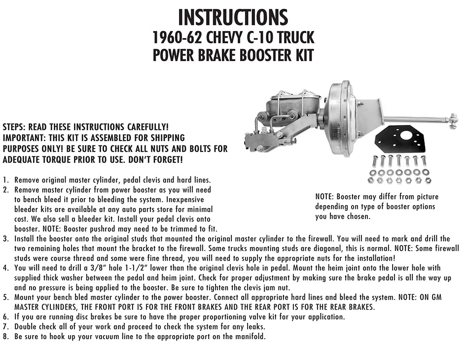 Gearhead 9” Power Brake Booster Conversion Kit – 1960-1966 Chevy GMC Truck, Disc Brake, Black