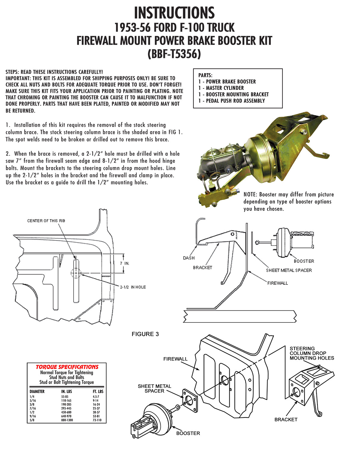 1953-56 Ford F-100 Truck Firewall Mount Power Brake Booster Kit