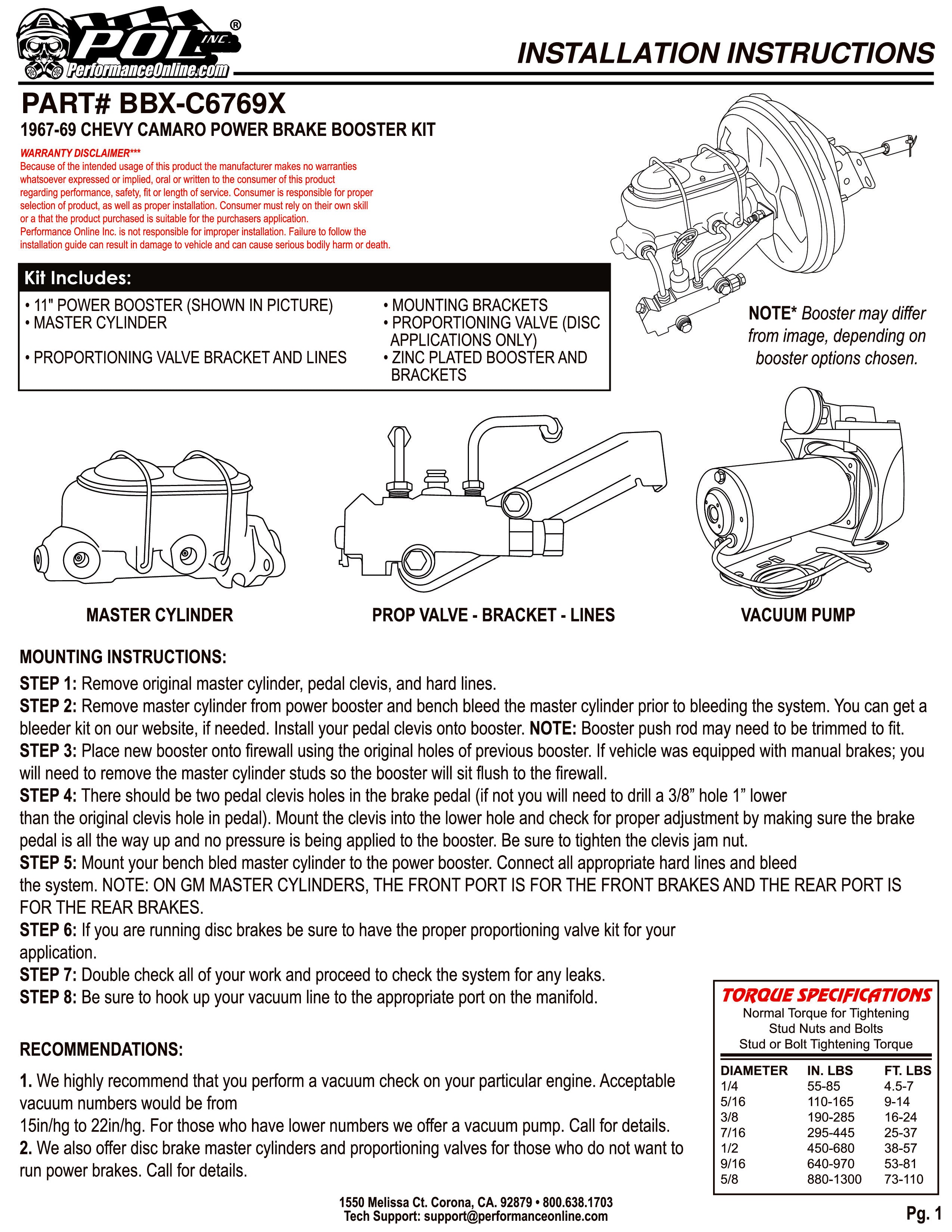 67-69 Camaro, GM F Body Power Brake Booster Kit
