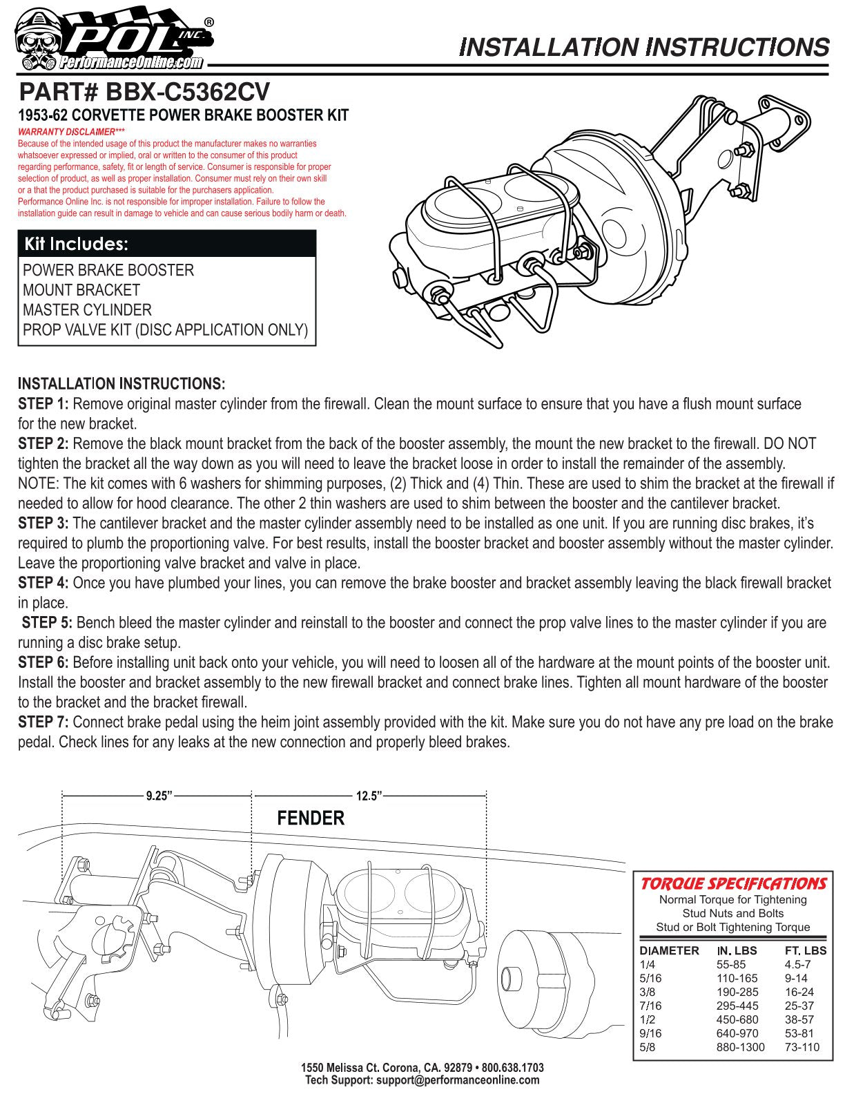 1953-62 Chevy Corvette Power Brake Booster Kit