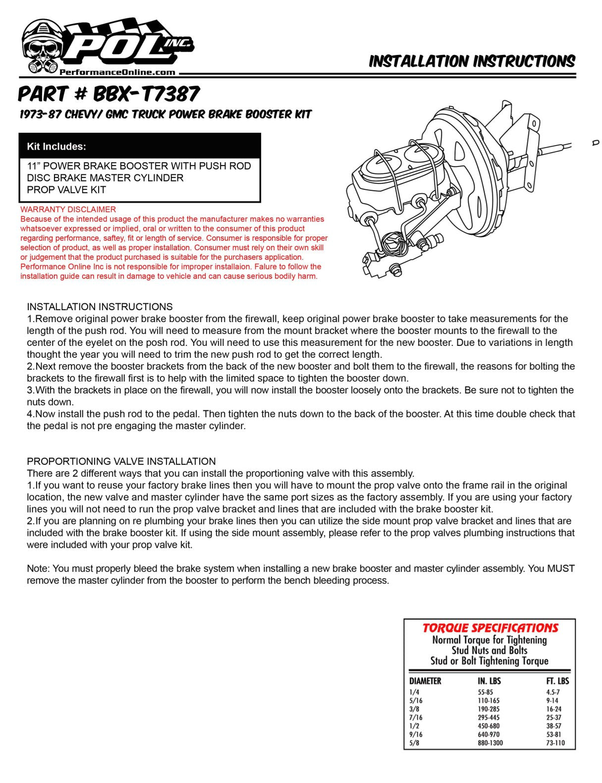 1973-87 Chevy, GMC Truck Power Brake Booster Kit