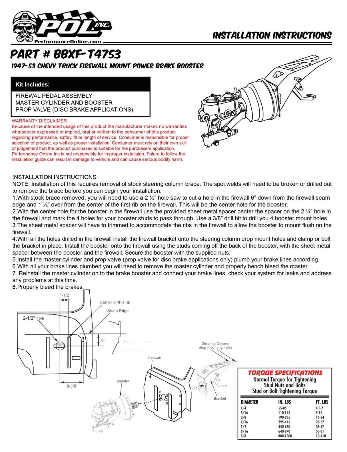 1947-53 Chevy, GMC Truck BlackOut Series Power Brake Conversion with POL or Wilwood Master Cylinder, Firewall Mount