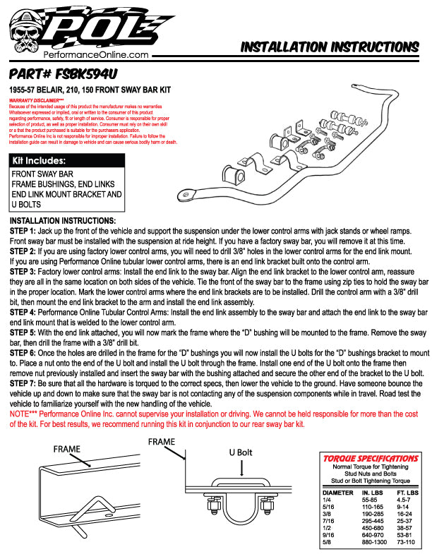 1955-57 Chevy Belair Front Sway Bar Kit