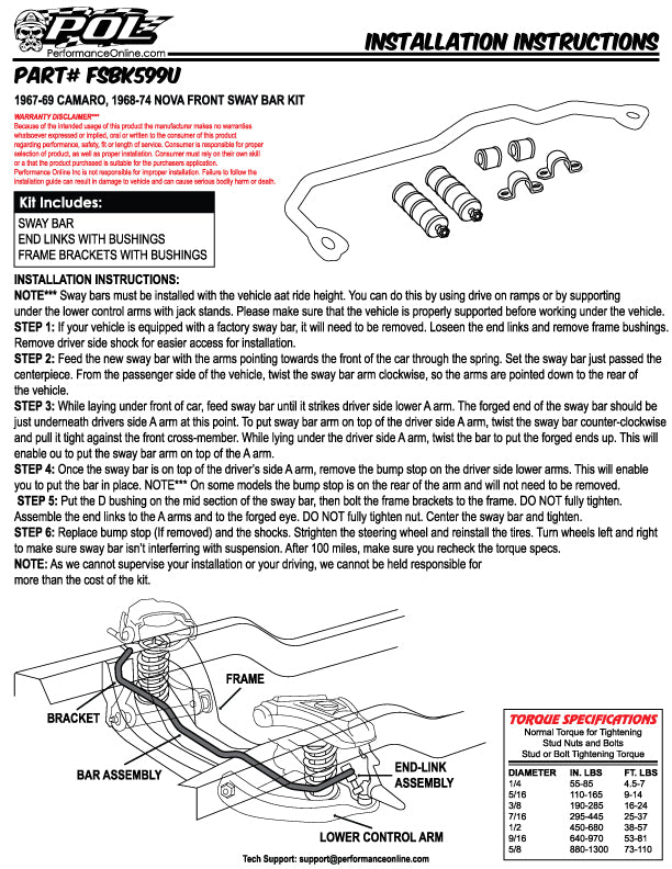 Front- Sway Bar Kit 1967-69 Chevy Camaro and 68-74 Chevy Nova