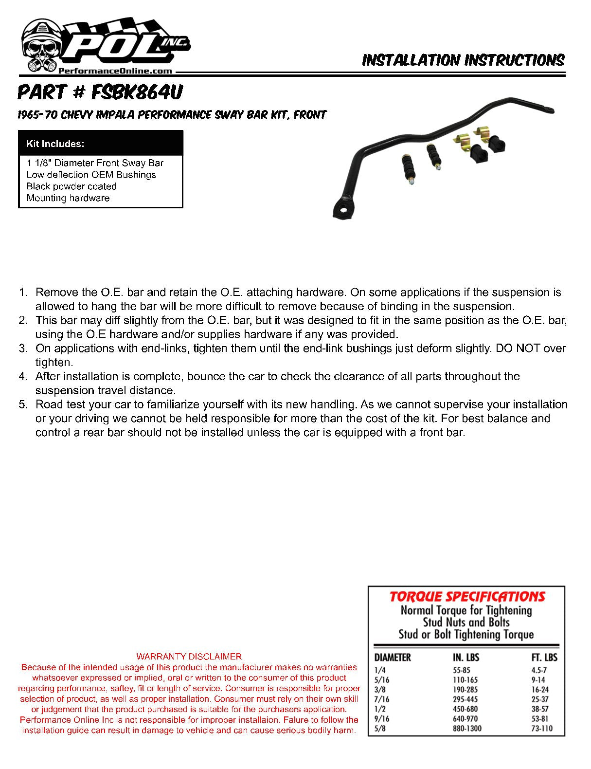 1965-70 Chevy Impala Performance Sway Bar Kit, FRONT