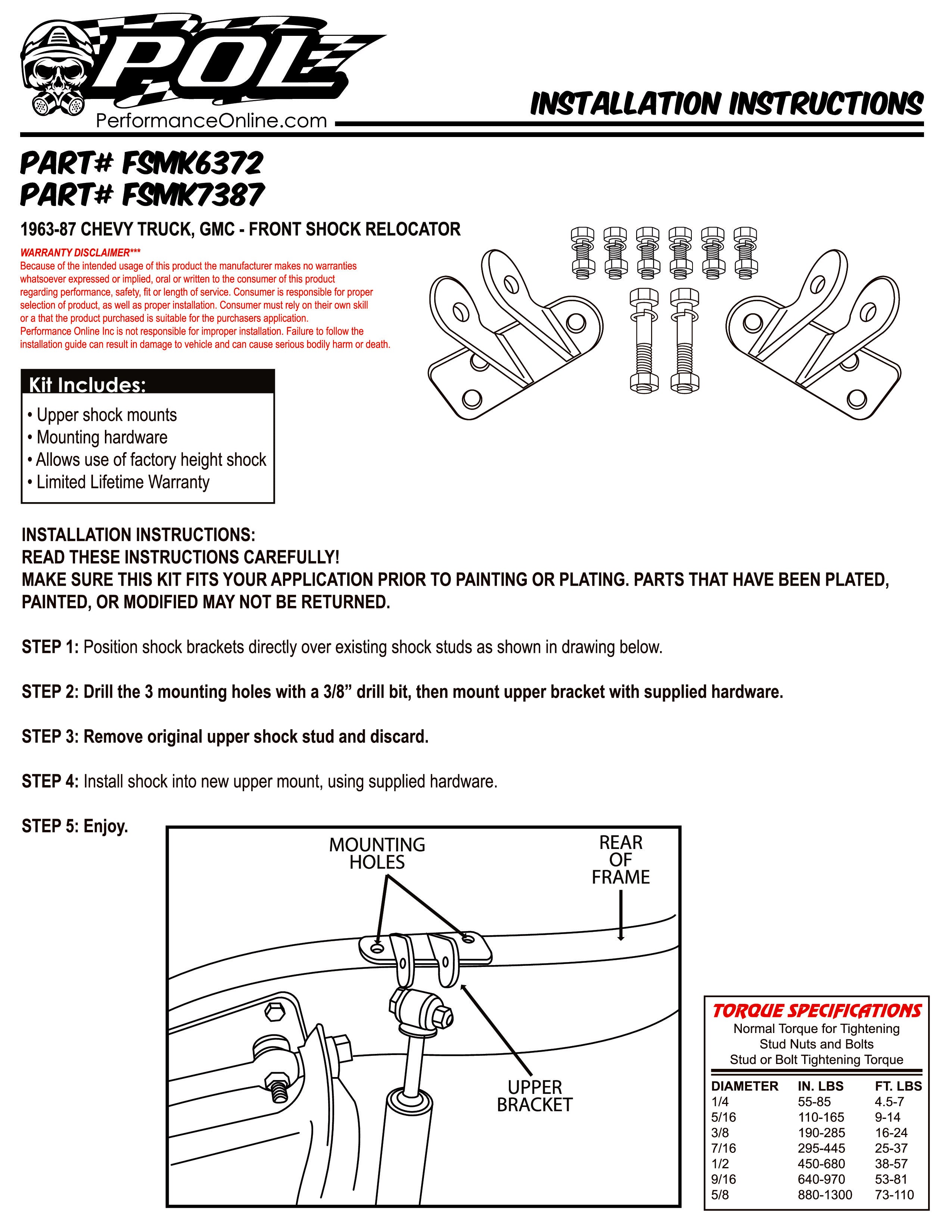 1963-87 Chevy, GMC Truck Shock Mount Relocation Kit for Lowered Trucks, Front