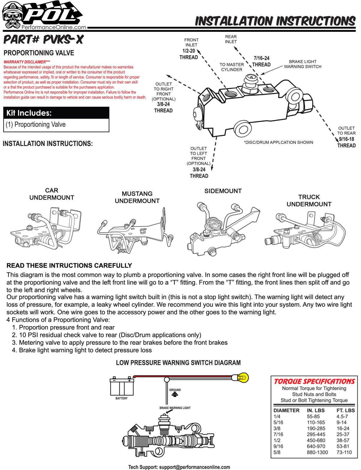 Proportioning Valve Kit, Side Mount, GM Master Cylinder, AC Delco Type, CHROME