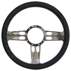 Billet Steering Wheel, Chromed 14" T-Bar Style with Simulated Black Leather Grip