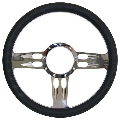 Billet Steering Wheel, Chromed 14" T-Bar Style with Simulated Black Leather Grip - Performance Online